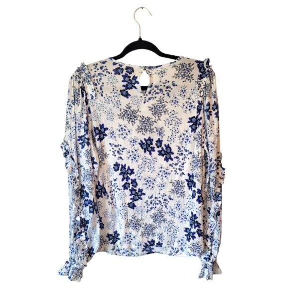 Loft Women's White And Blue Ruffle Sleeve Blouse Size M NWT - Picture 2 of 7